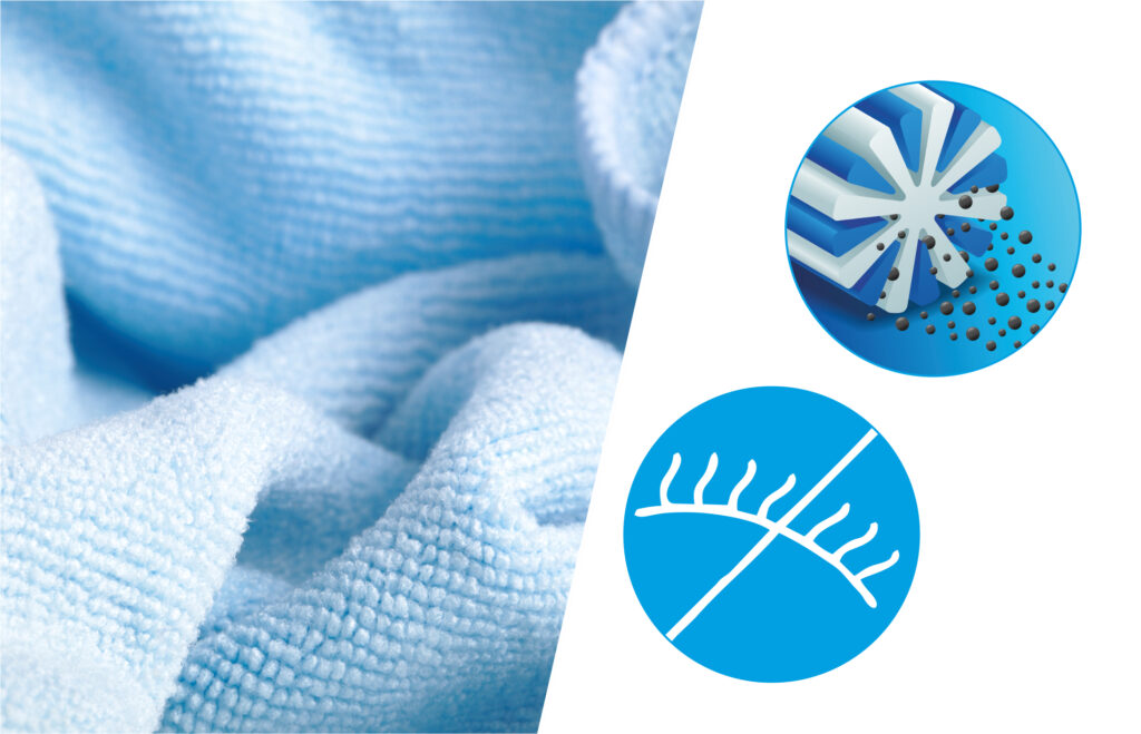 A light blue color cloth and two vector images combined to represent the lint-free feature of microfiber towel.