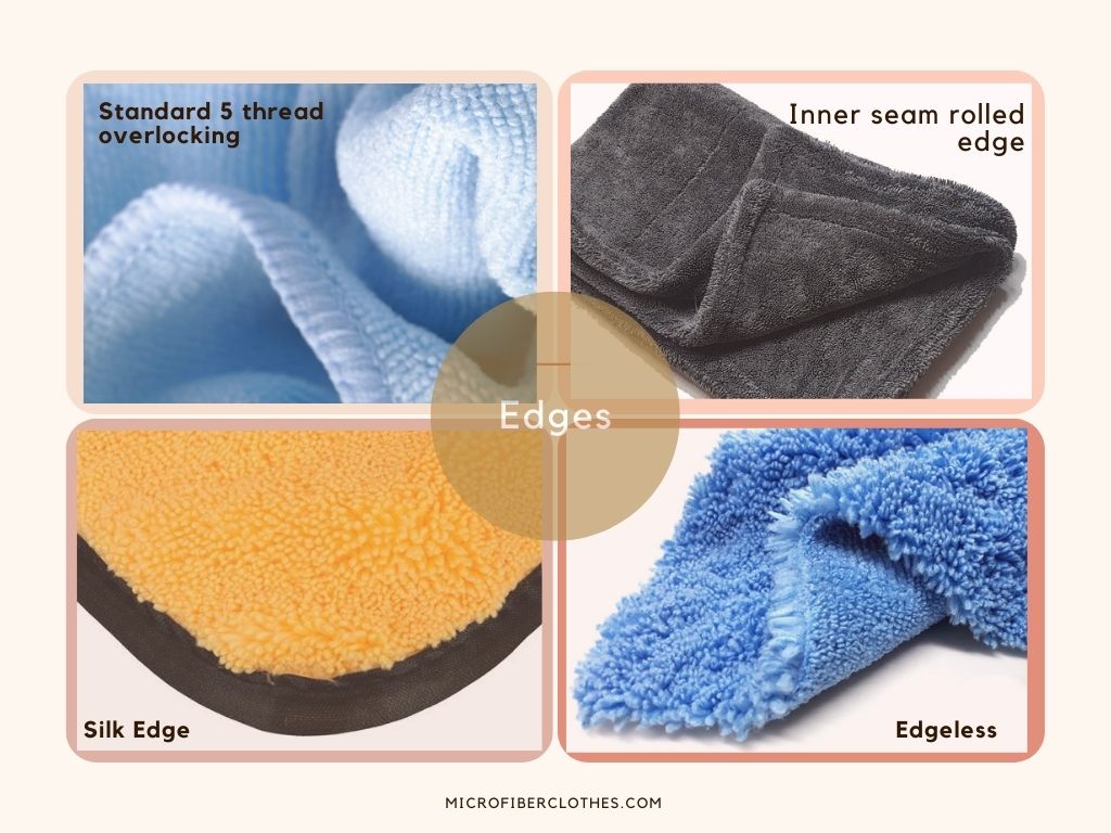 4 different types of microfiber towels corner view to explain the edges and overlocking used for these towels.